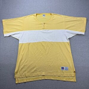 Vintage Russell Athletic Henley T Shirt Mens L Yellow Colorblock Button USA Made